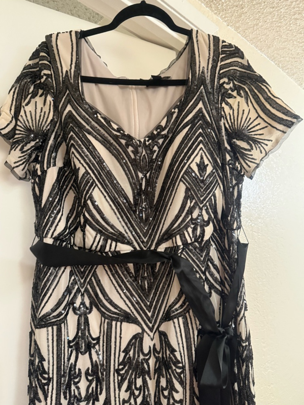 R&M Richards Black and Beige Sequin Evening Dress